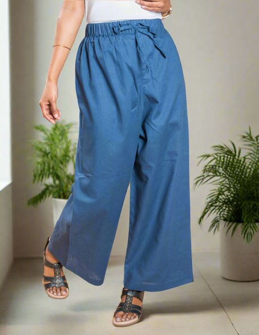 Blue Plain Women's Cotton Palazzo