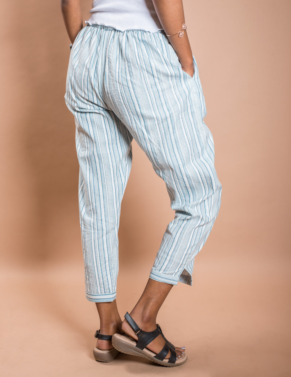 Sky Blue Stripe Cotton Kantha Capri Pant