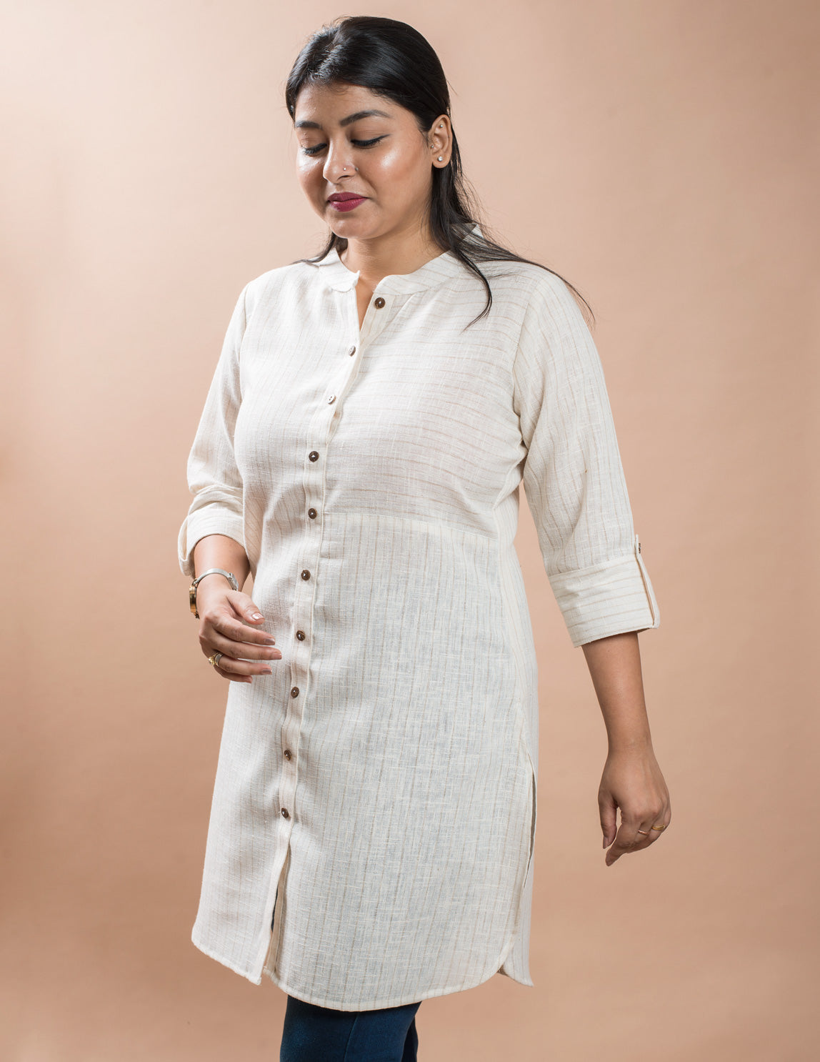 Off White Stripe Cotton Linen Short Kurta