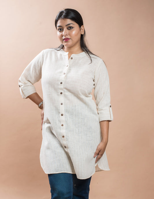 Off White Stripe Cotton Linen Short Kurta