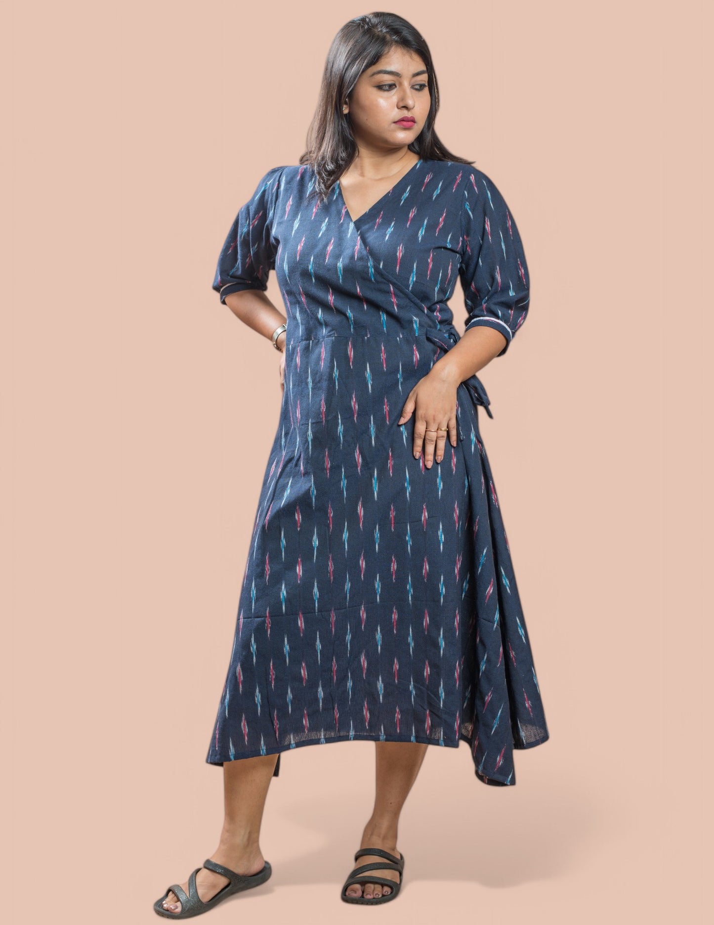 Blue Cotton Ikat V-Neck Women's Dress