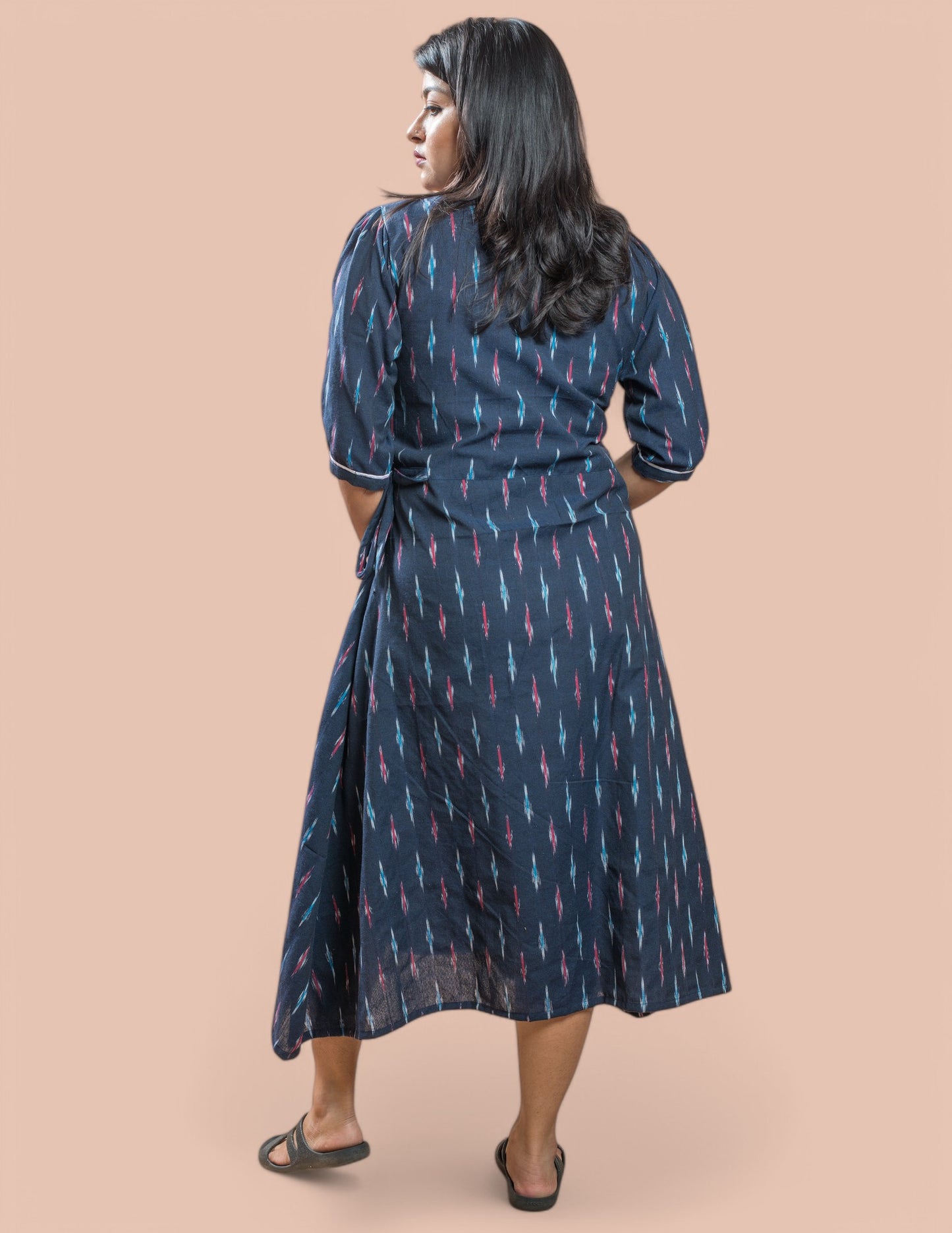 Blue Cotton Ikat V-Neck Women's Dress