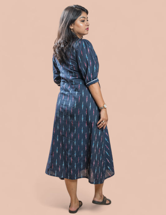 Blue Cotton Ikat V-Neck Women's Dress