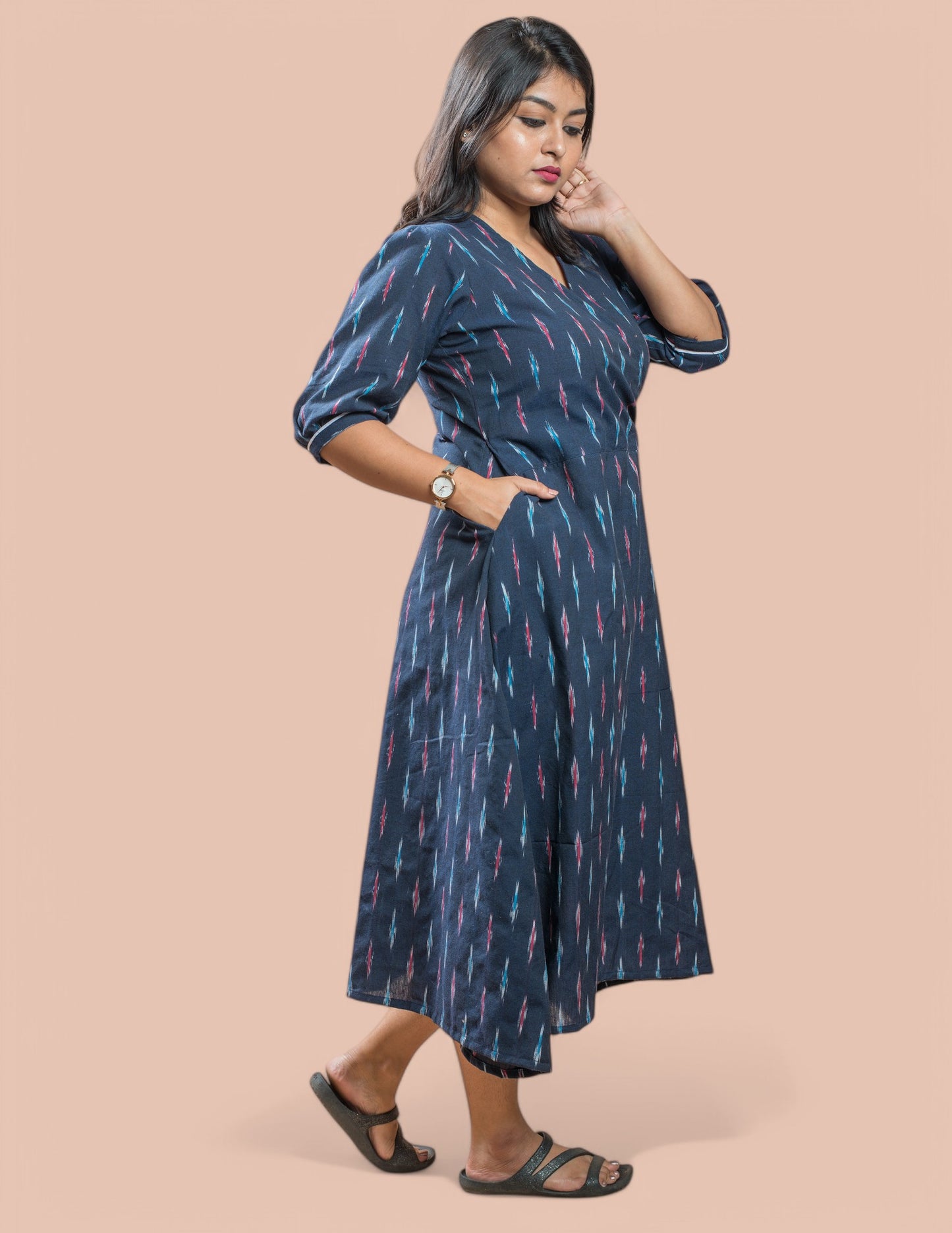 Blue Cotton Ikat V-Neck Women's Dress