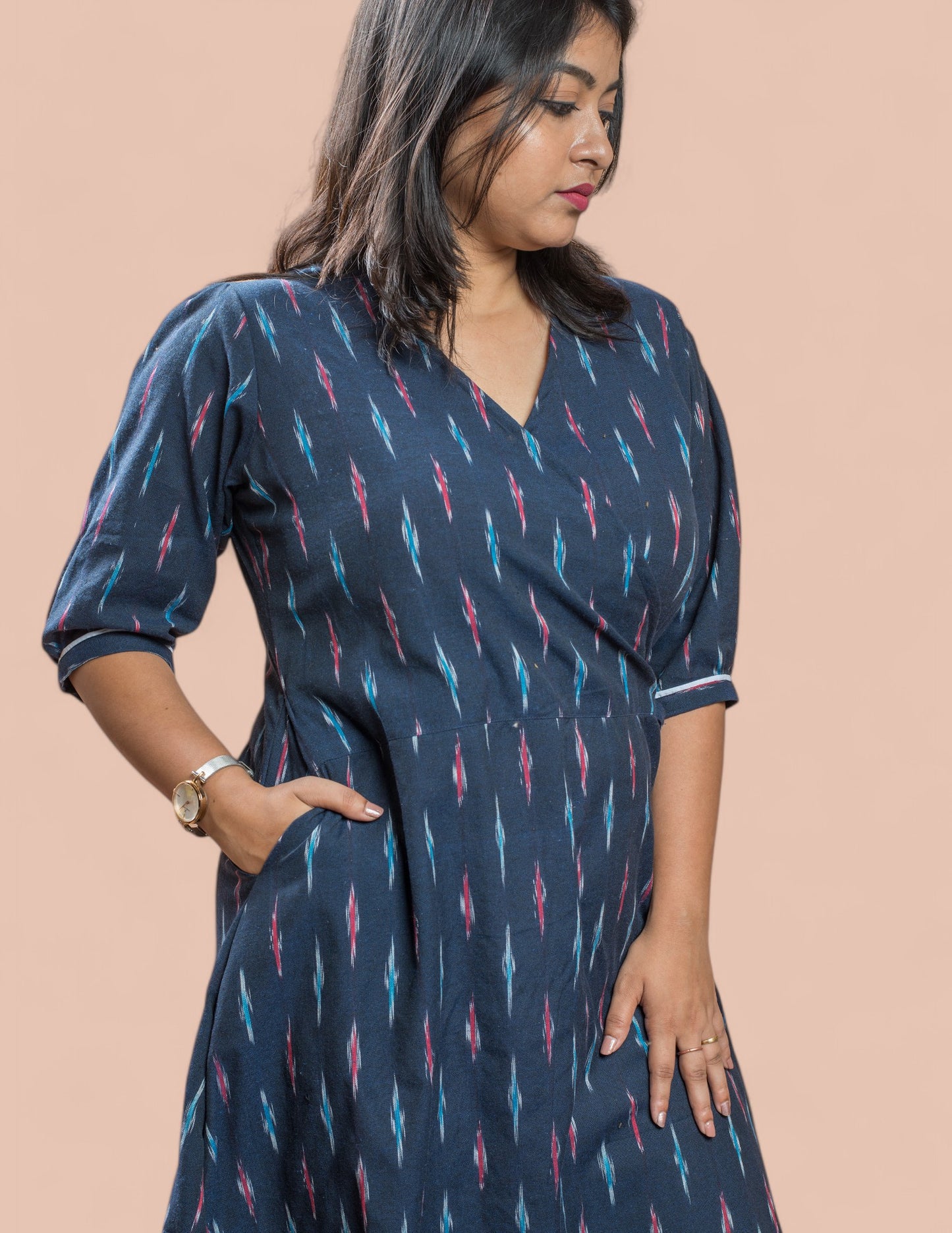 Blue Cotton Ikat V-Neck Women's Dress