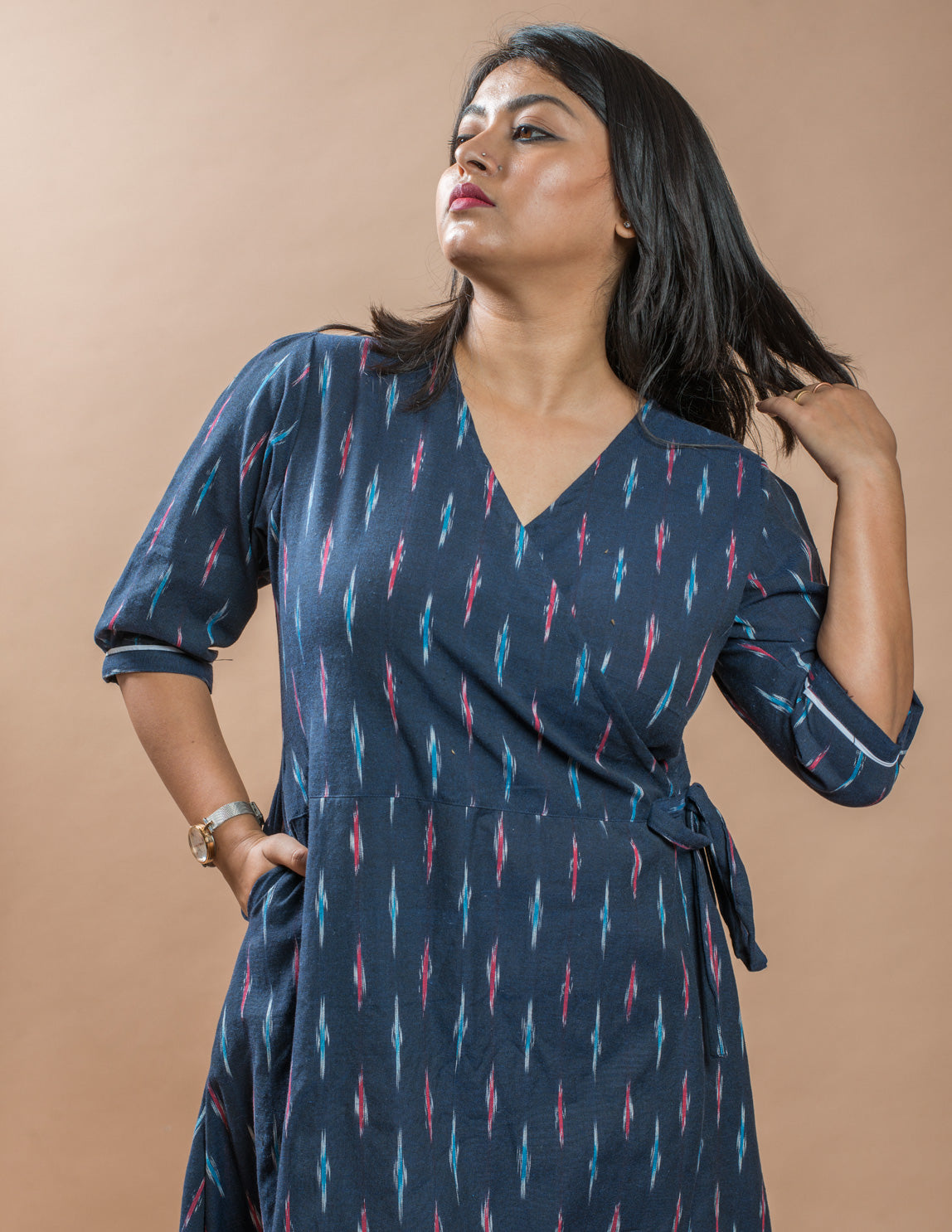 Blue Cotton Ikat V-Neck Women's Dress