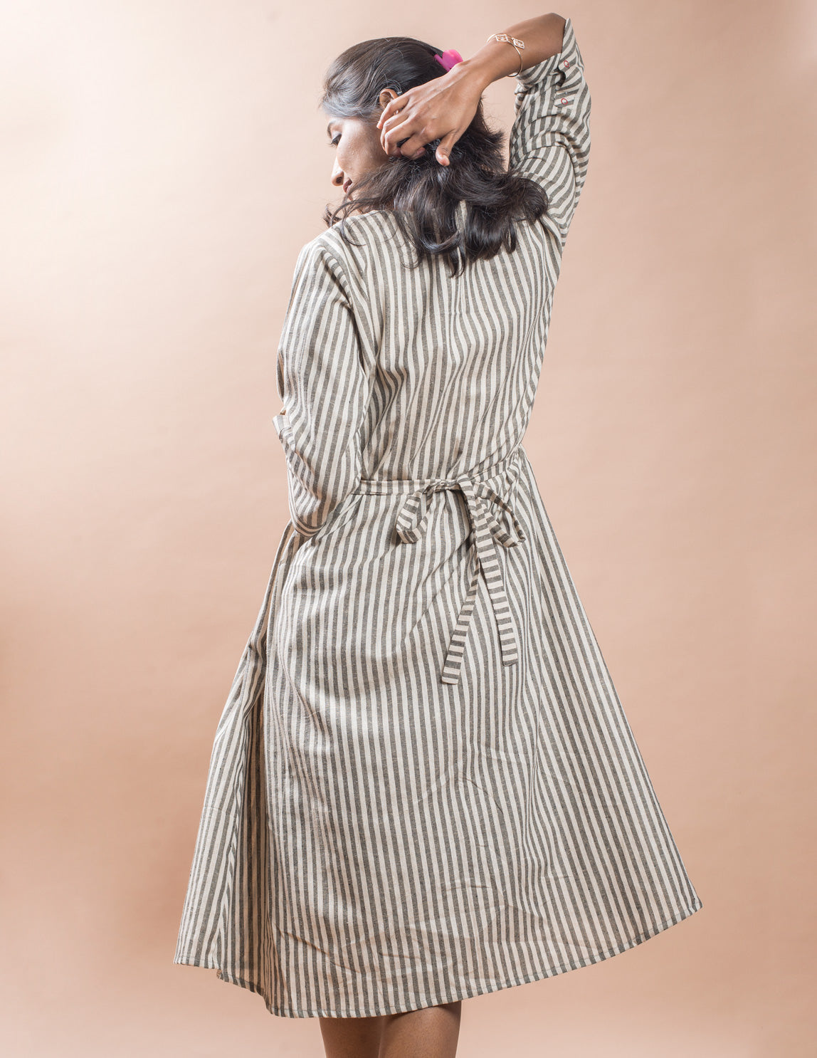 Beige Stripe Cotton Women's Dress