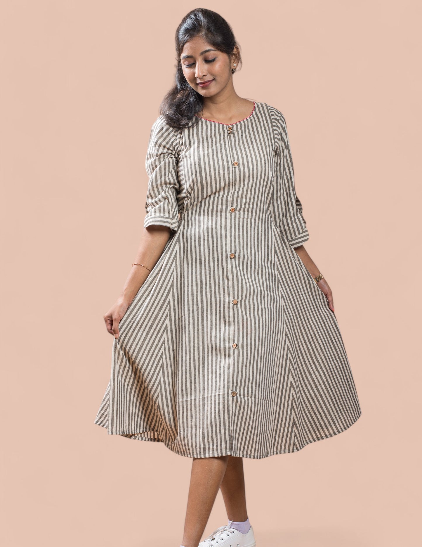 Beige Stripe Cotton Women's Dress