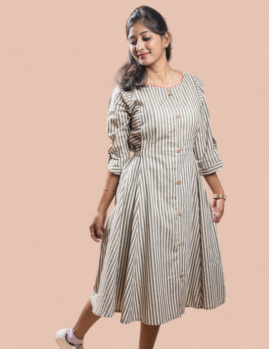 Beige Stripe Cotton Women's Dress
