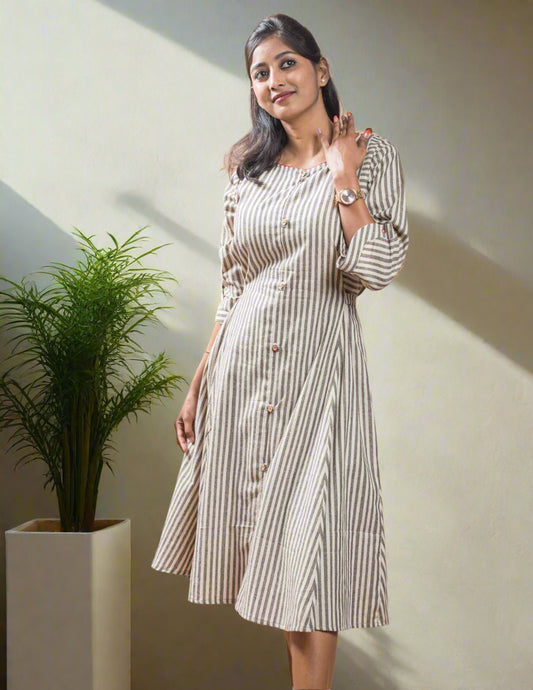 Beige Stripe Cotton Women's Dress