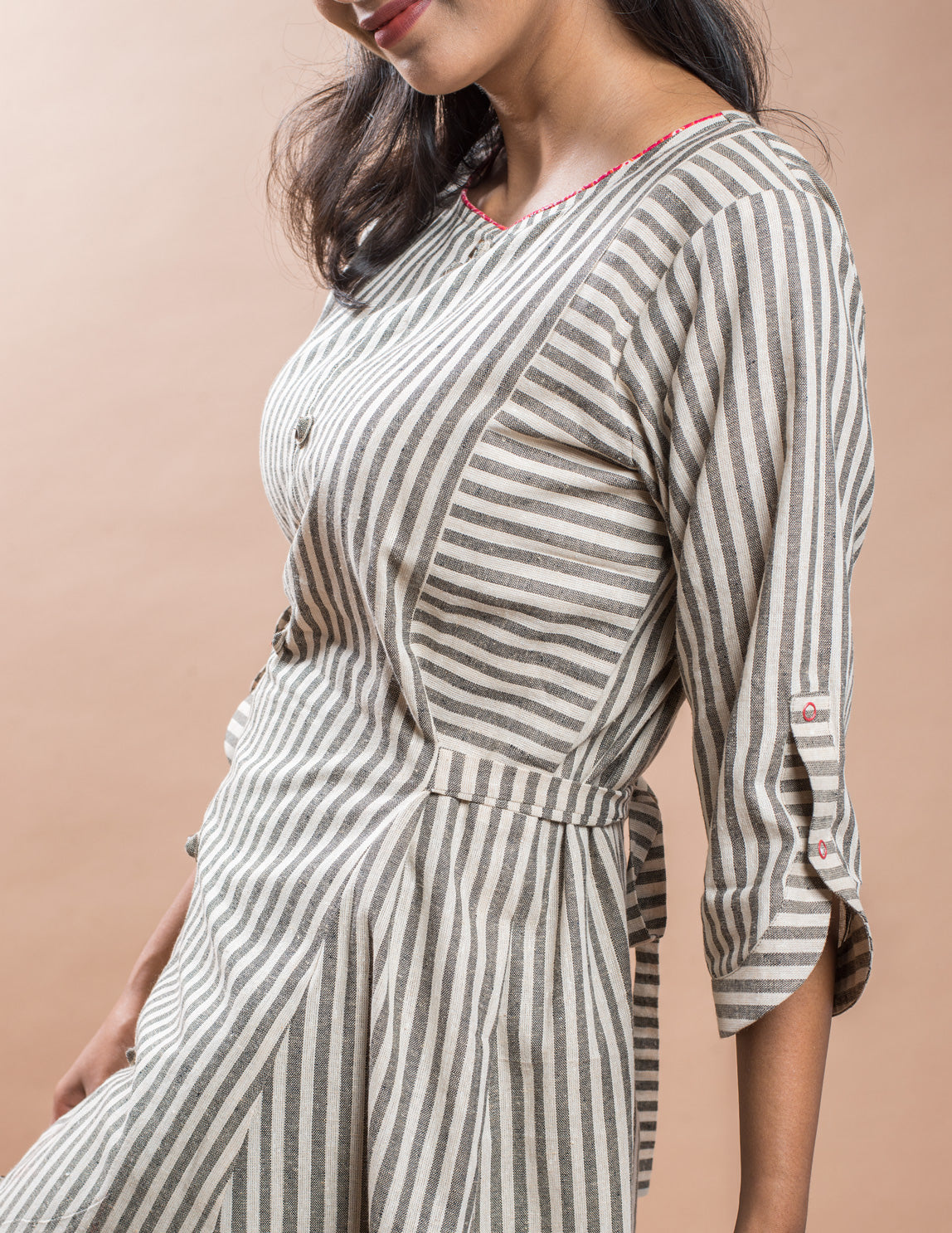 Beige Stripe Cotton Women's Dress
