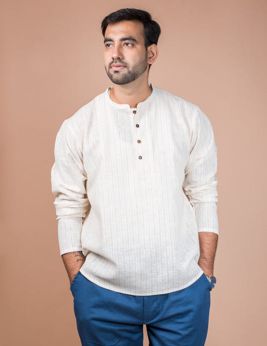 Off White Stripe Cotton Linen Short Kurta