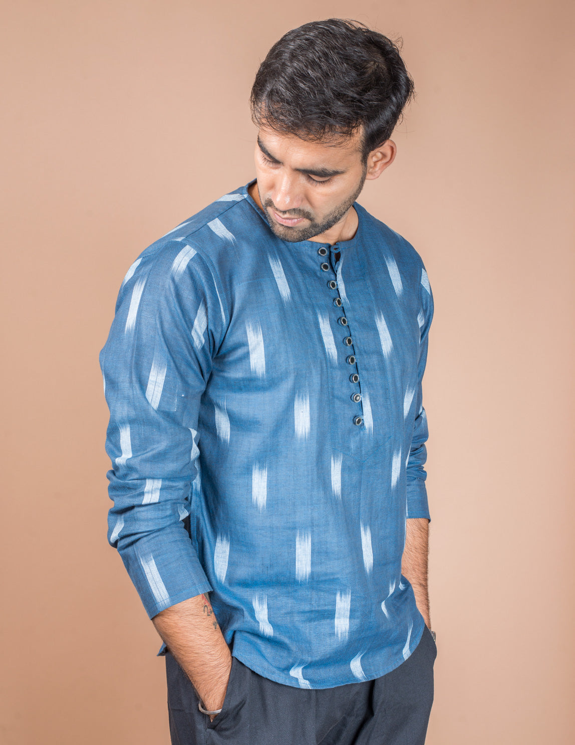 Navy Blue Cotton Ikkat Short Kurta