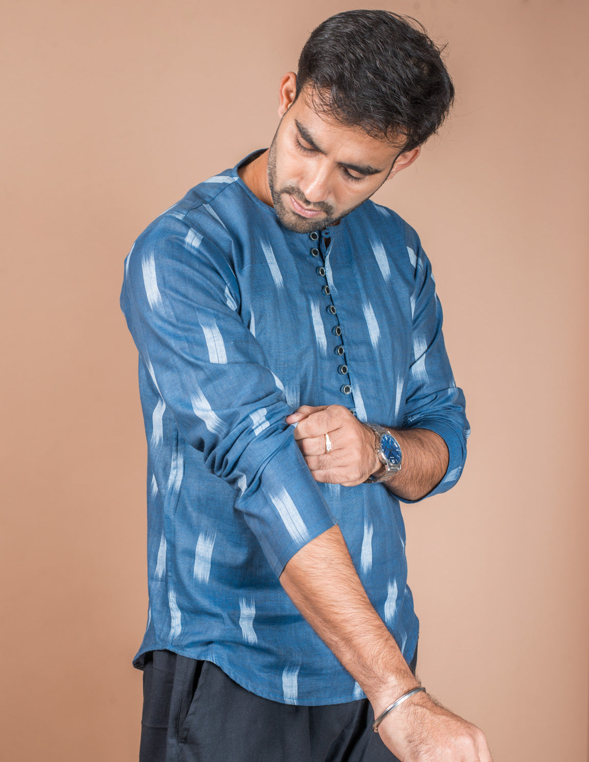 Navy Blue Cotton Ikkat Short Kurta