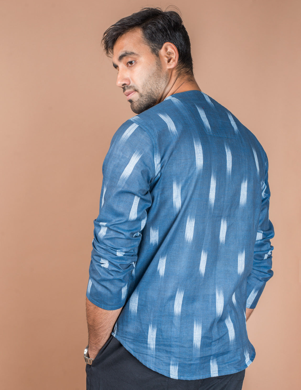 Navy Blue Cotton Ikkat Short Kurta