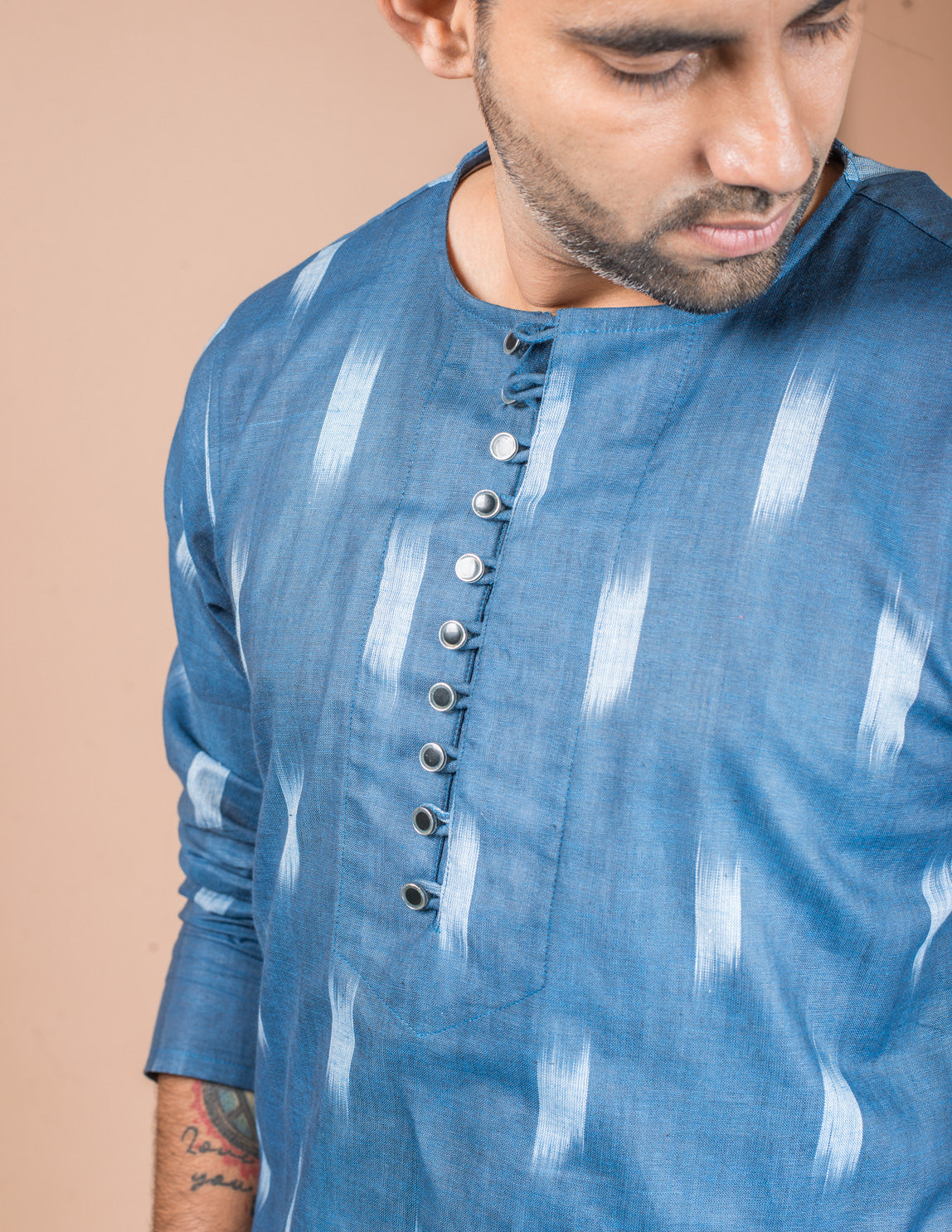 Navy Blue Cotton Ikkat Short Kurta