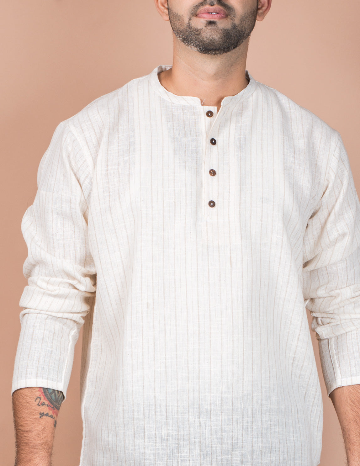 Off White Stripe Cotton Linen Short Kurta