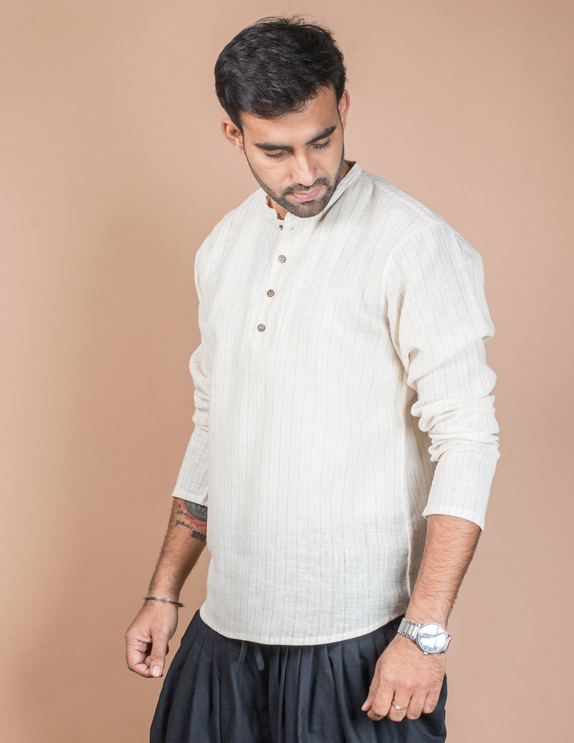 Off White Stripe Cotton Linen Short Kurta