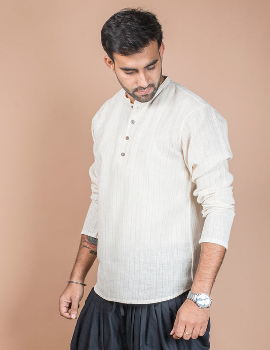 Off White Stripe Cotton Linen Short Kurta