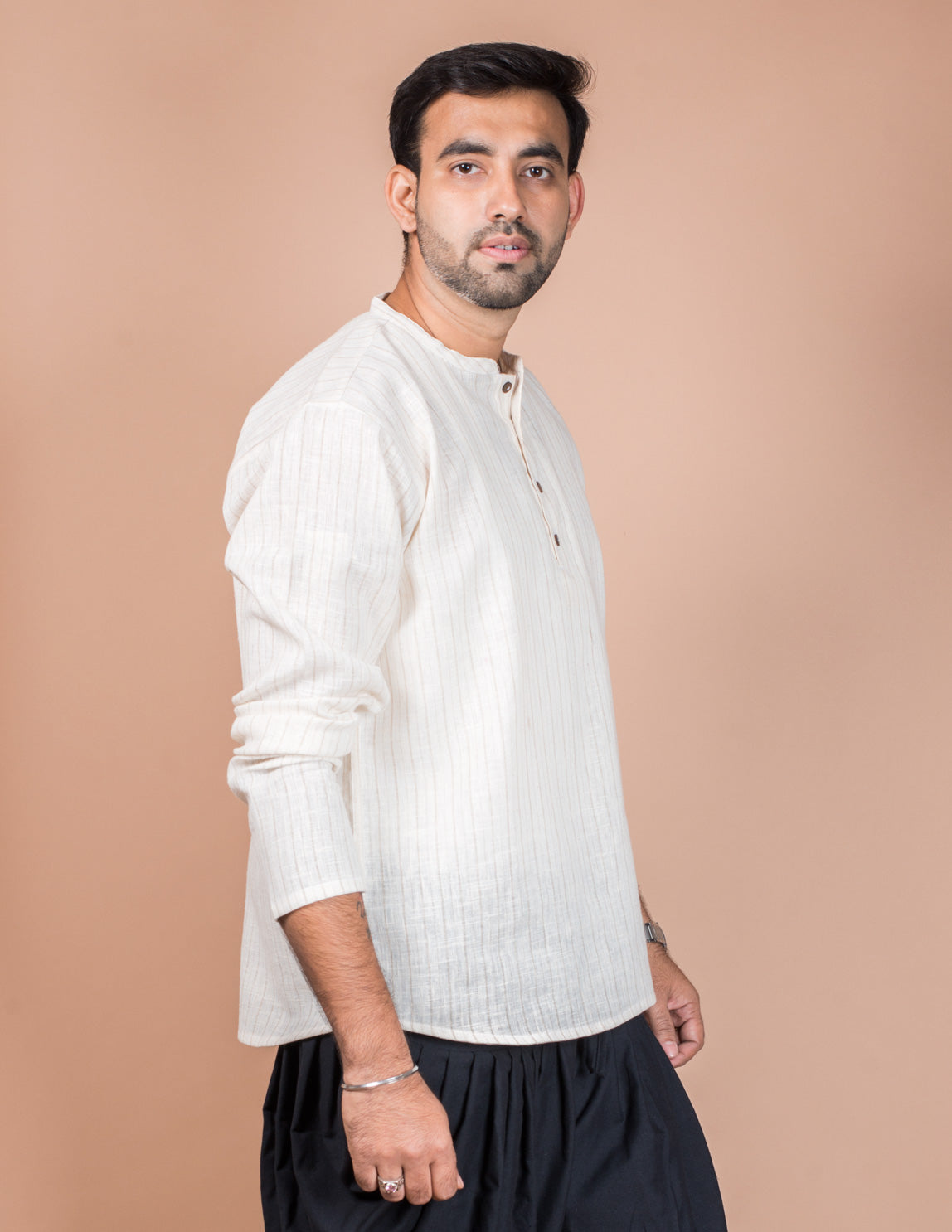 Off White Stripe Cotton Linen Short Kurta