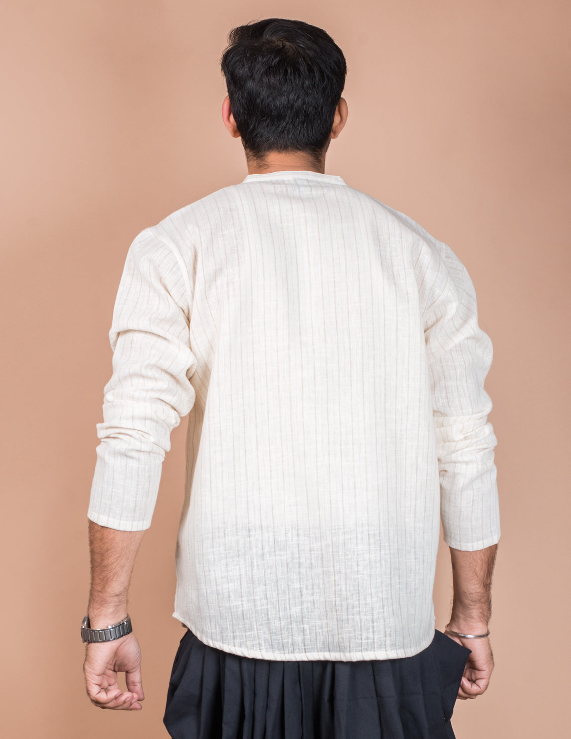 Off White Stripe Cotton Linen Short Kurta