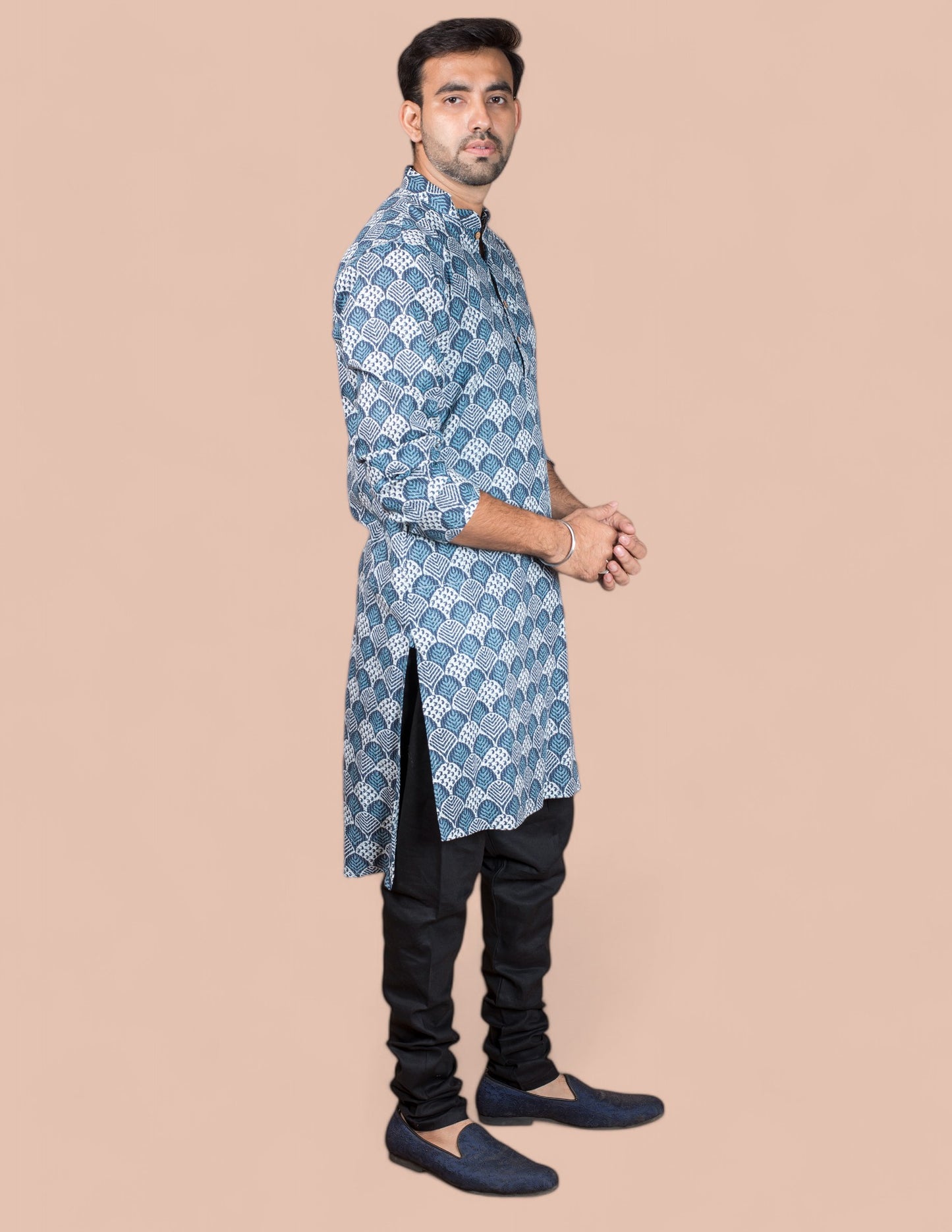 Indigo Block Printed Kantha Cotton Long Kurta