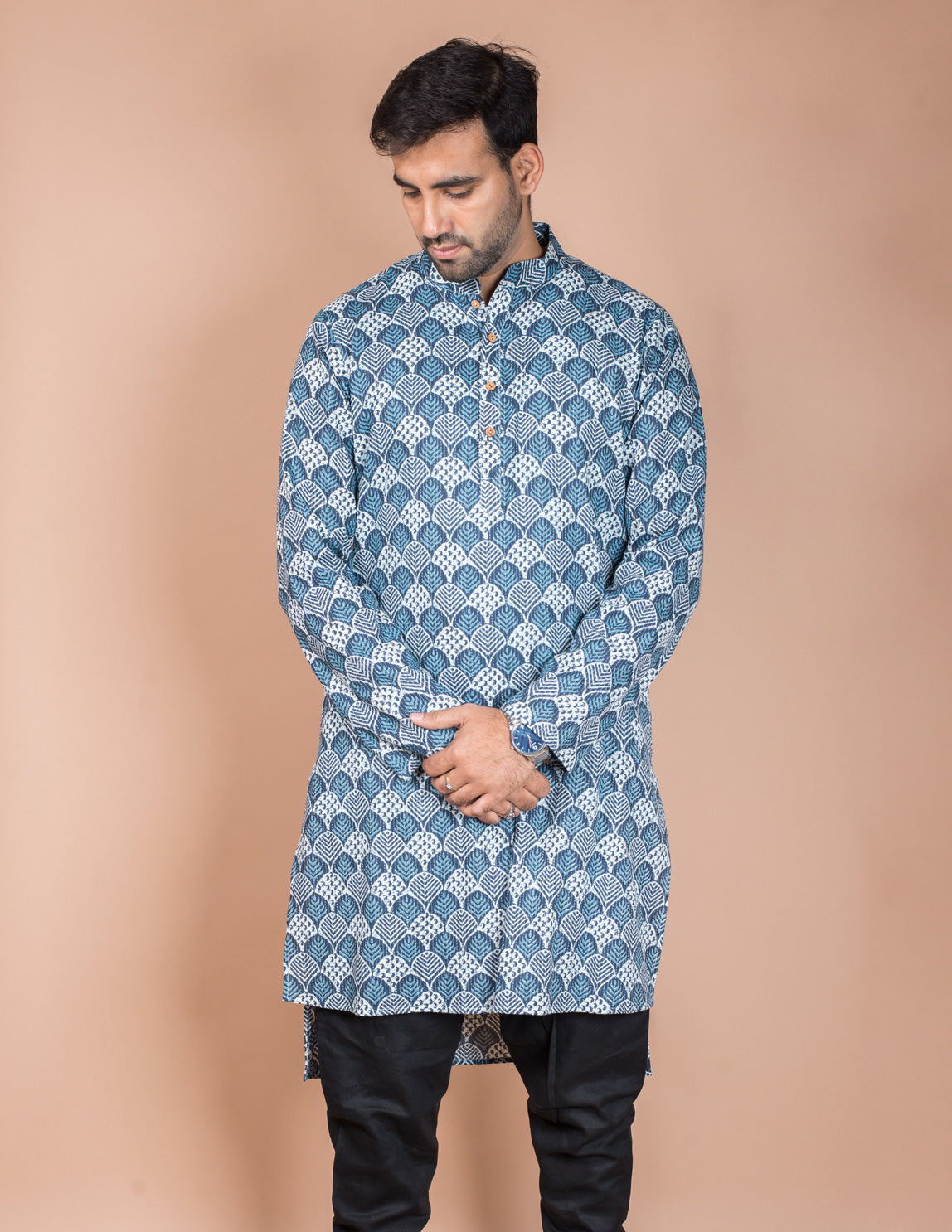 Indigo Block Printed Kantha Cotton Long Kurta