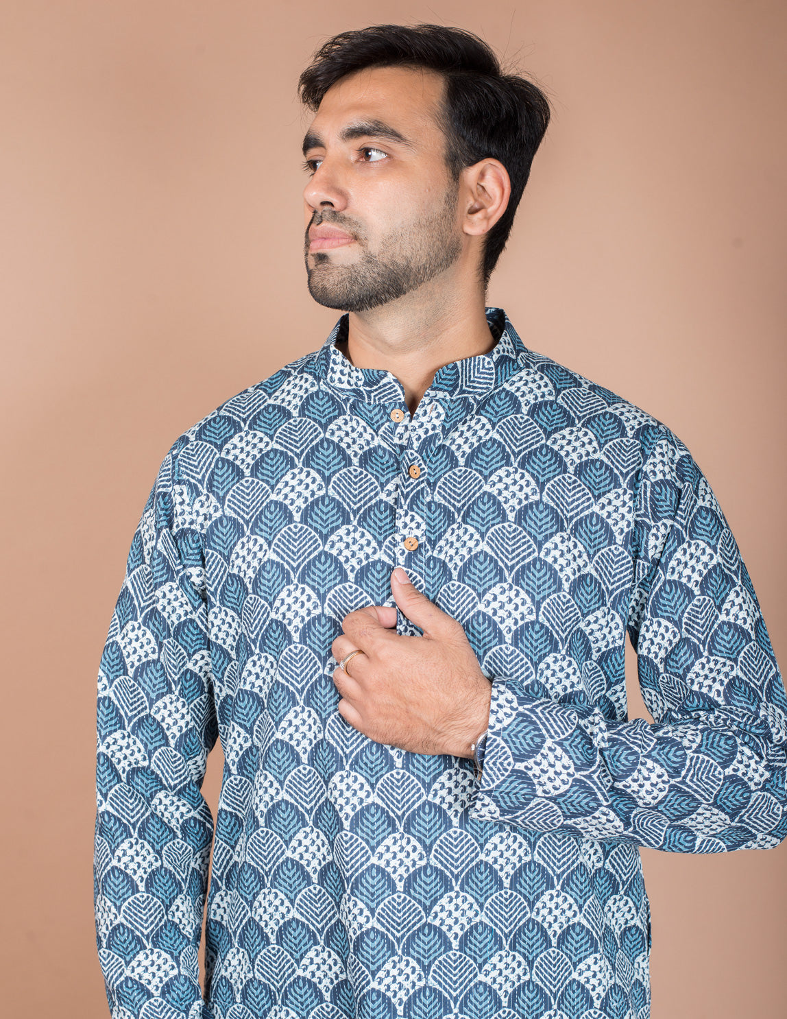 Indigo Block Printed Kantha Cotton Long Kurta