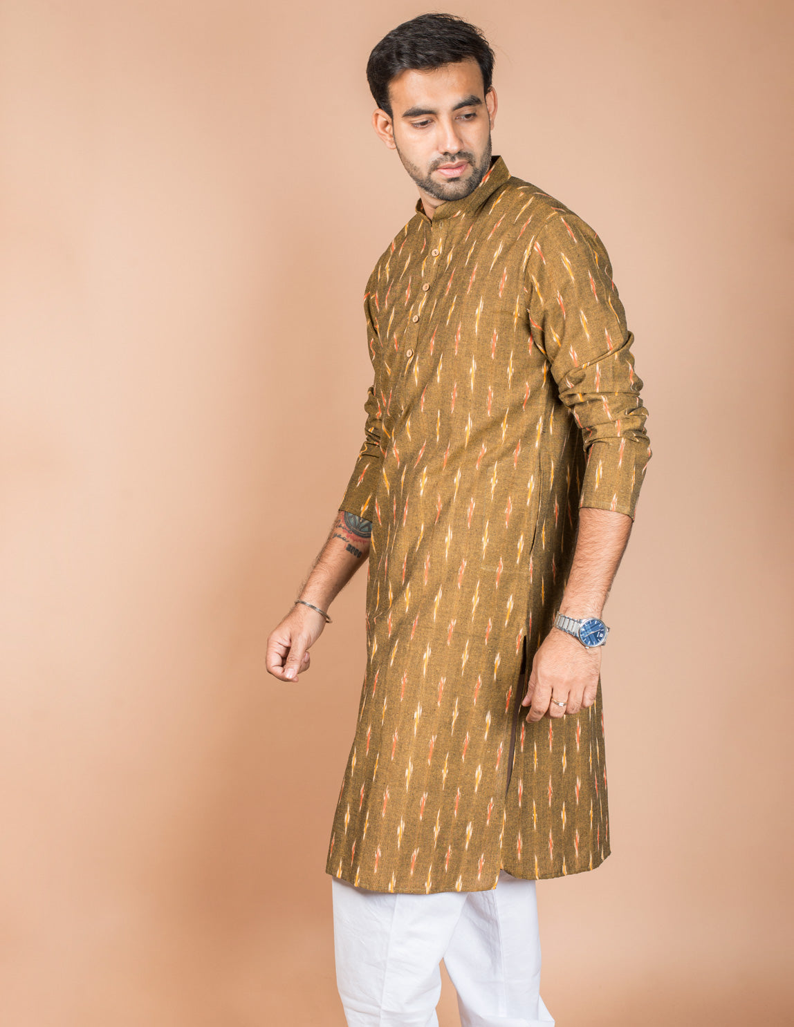 Mustard Cotton Ikkat Long Kurta