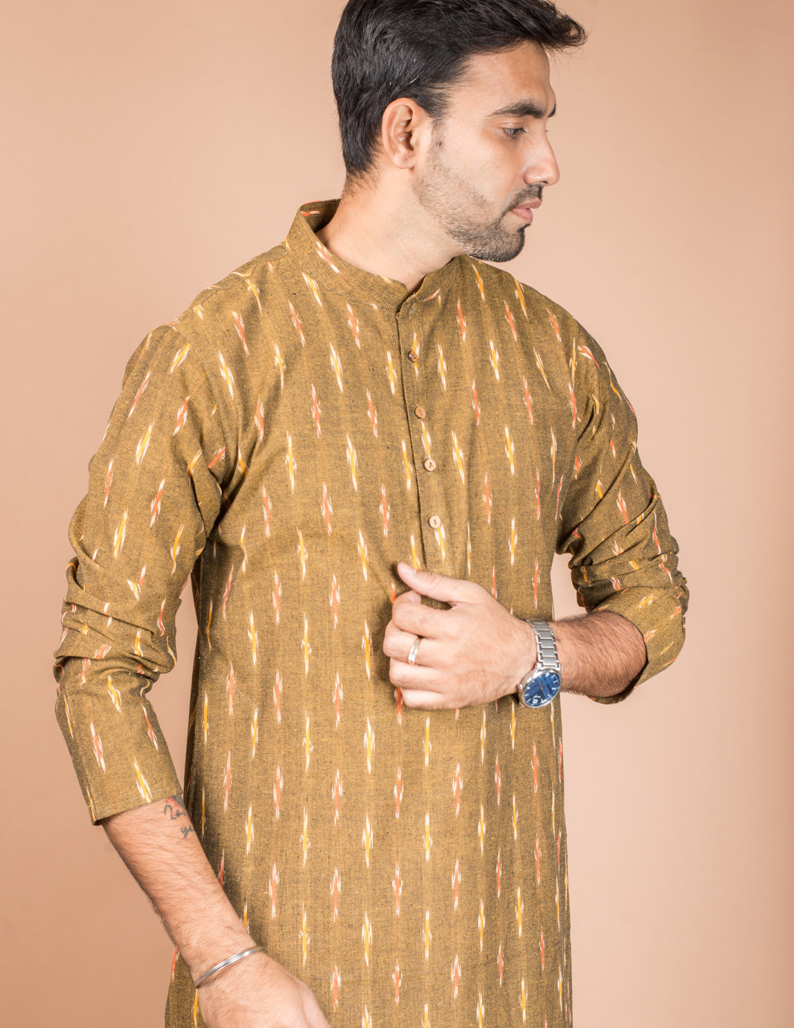 Mustard Cotton Ikkat Long Kurta