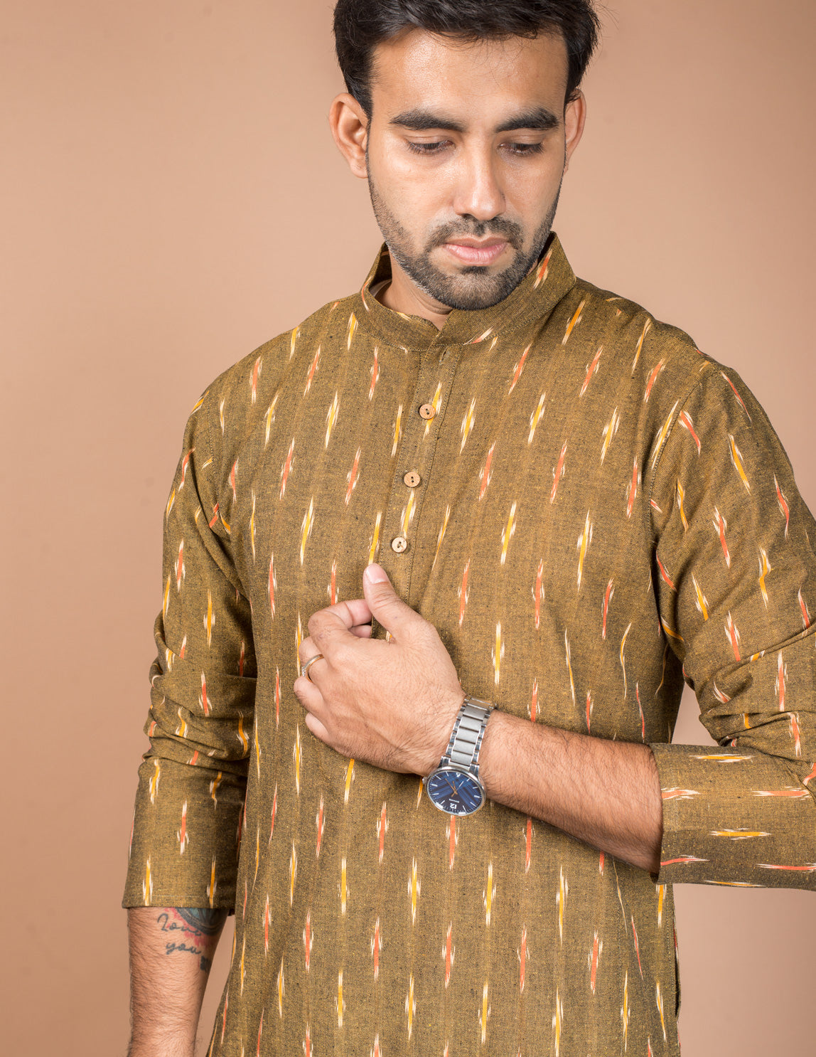 Mustard Cotton Ikkat Long Kurta
