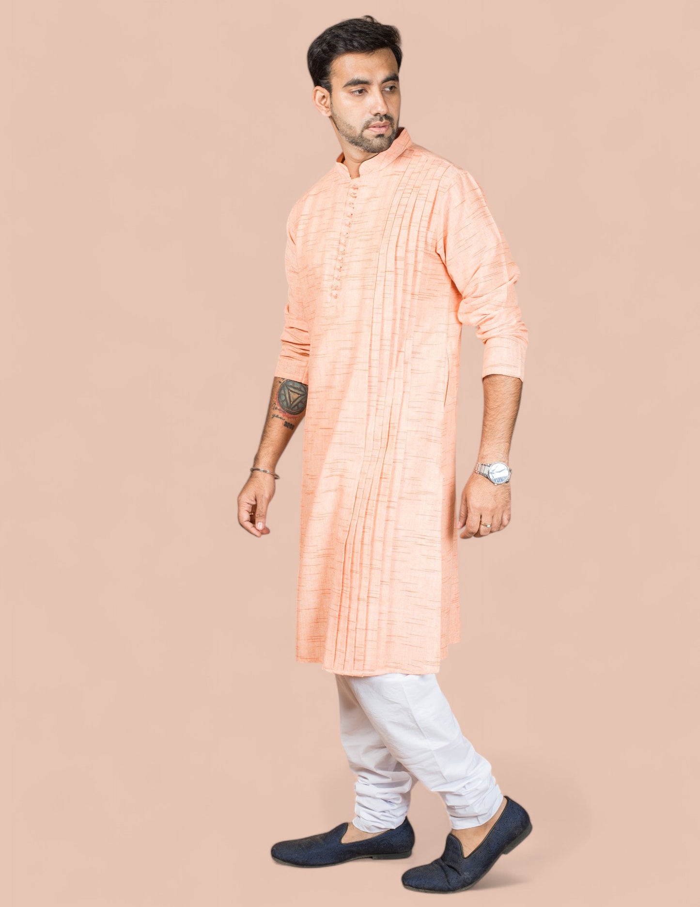Orange Cotton Pintuck Design Long Kurta