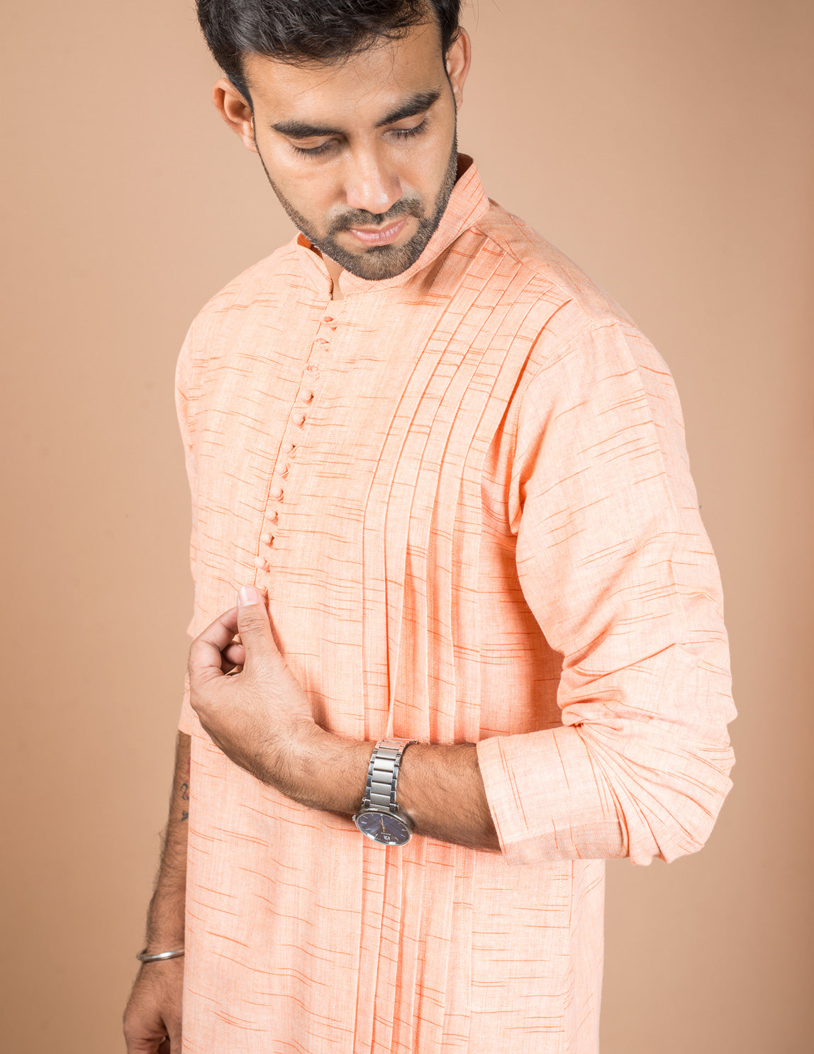 Orange Cotton Pintuck Design Long Kurta