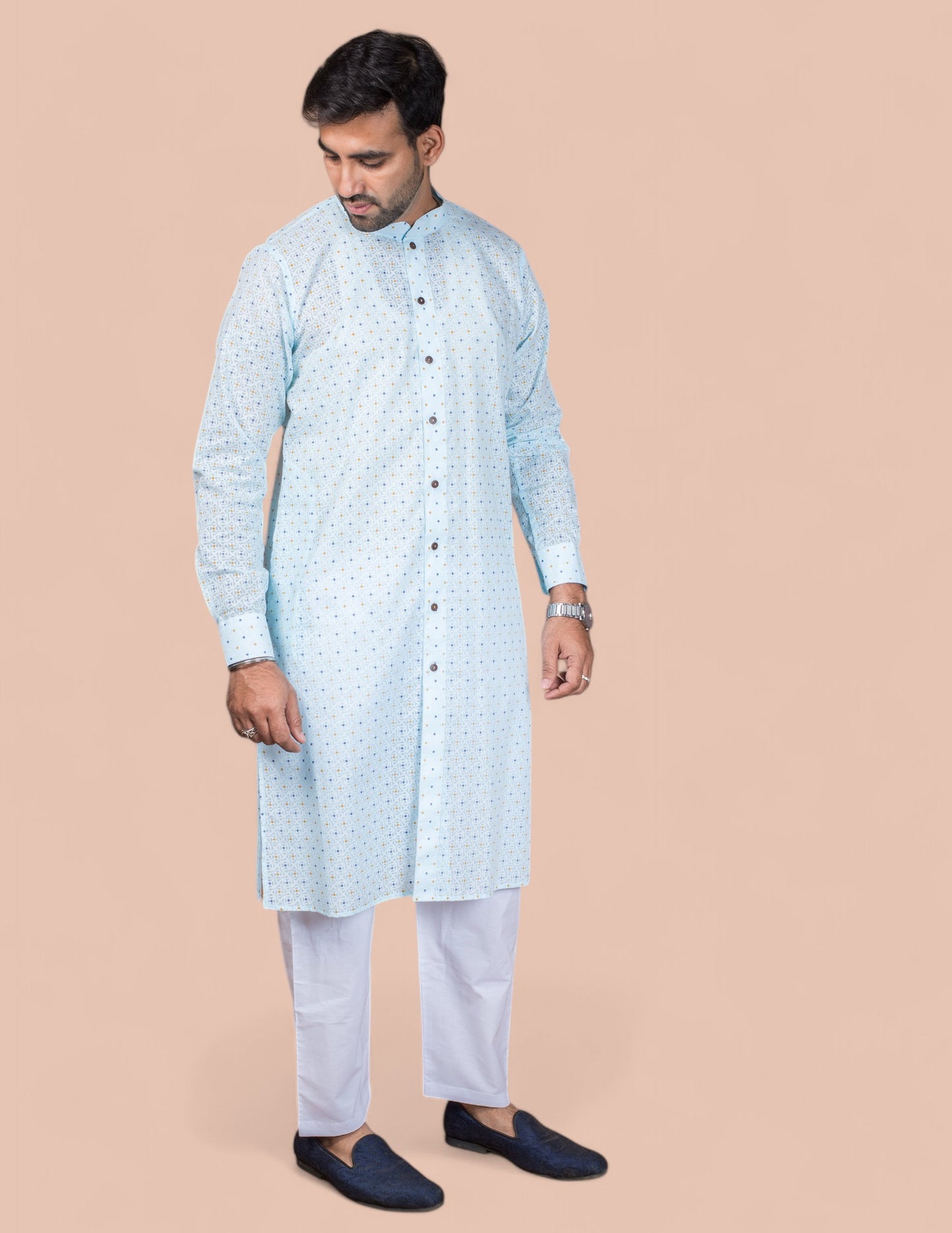 Sky Blue Cotton Self Work Long Kurta