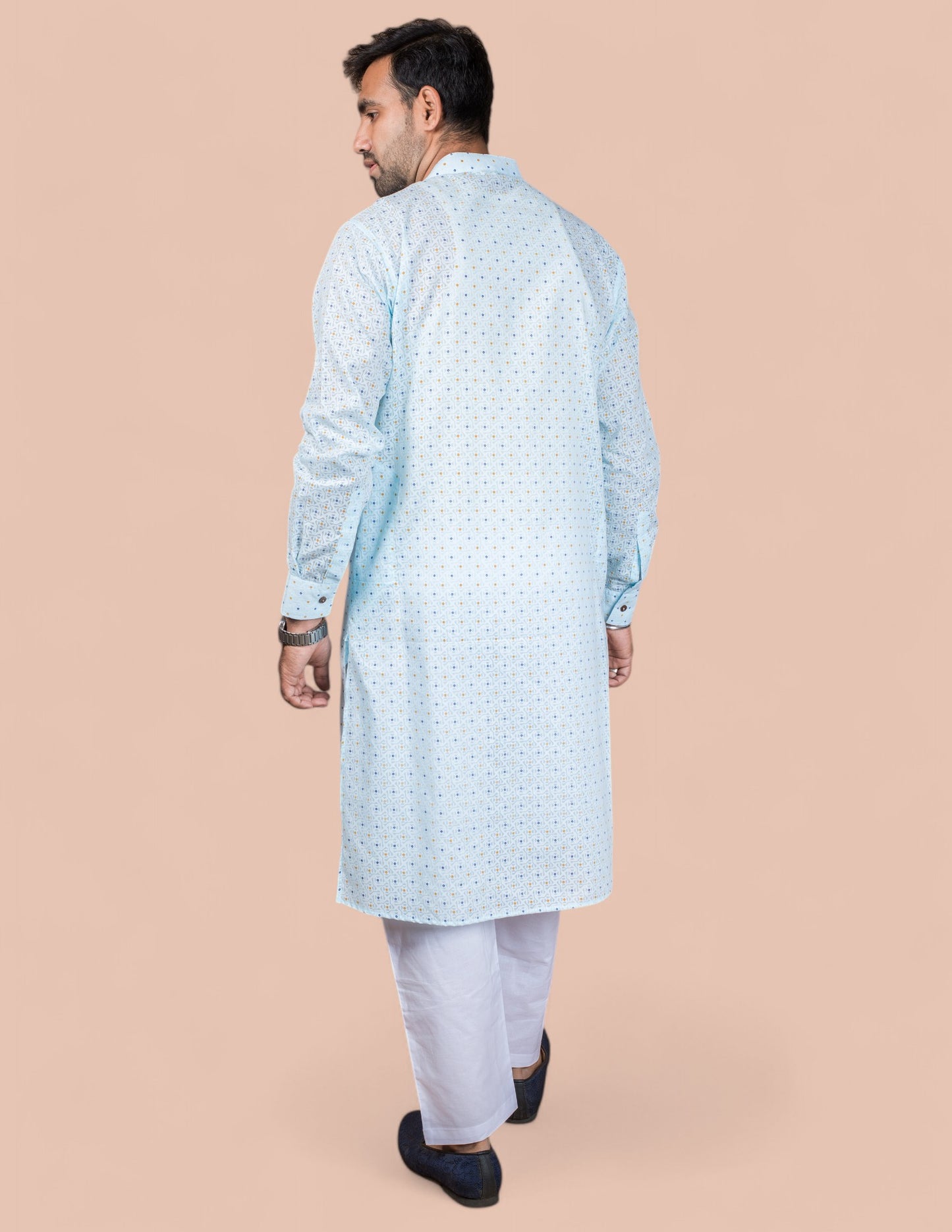 Sky Blue Cotton Self Work Long Kurta
