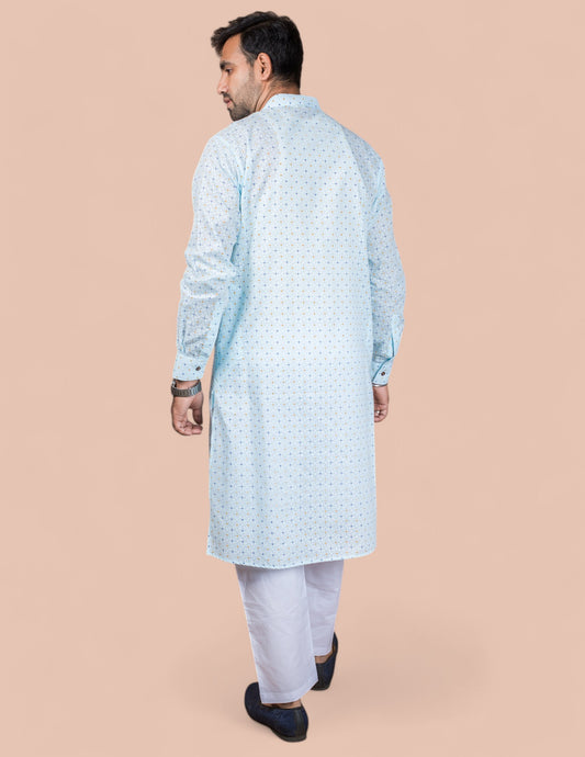 Sky Blue Cotton Self Work Long Kurta