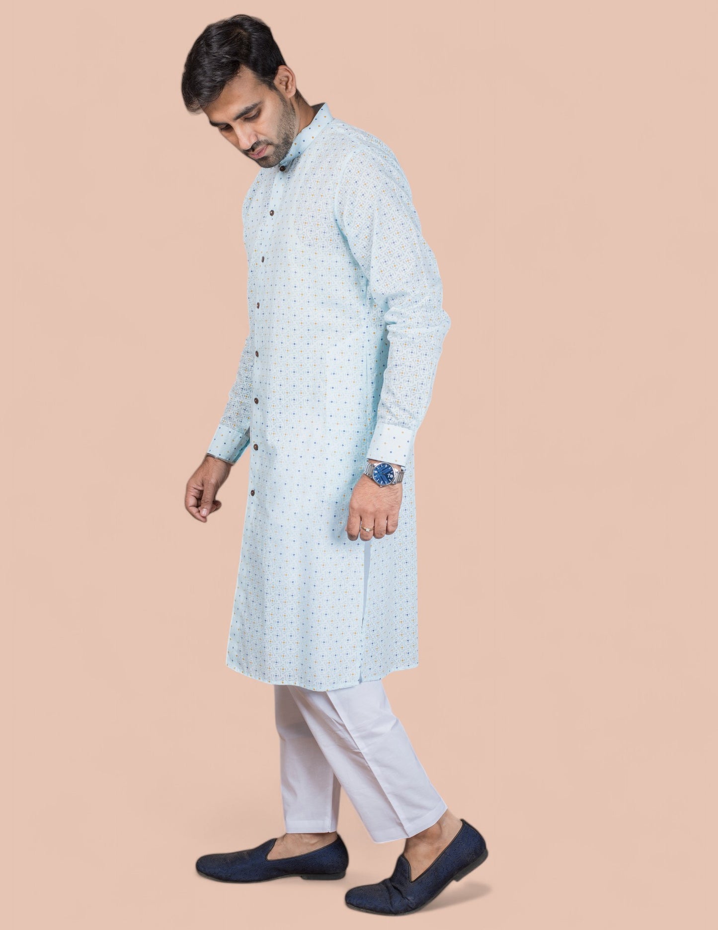 Sky Blue Cotton Self Work Long Kurta