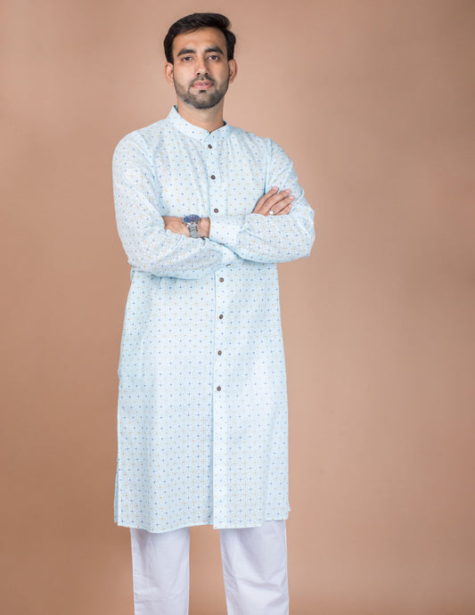 Sky Blue Cotton Self Work Long Kurta