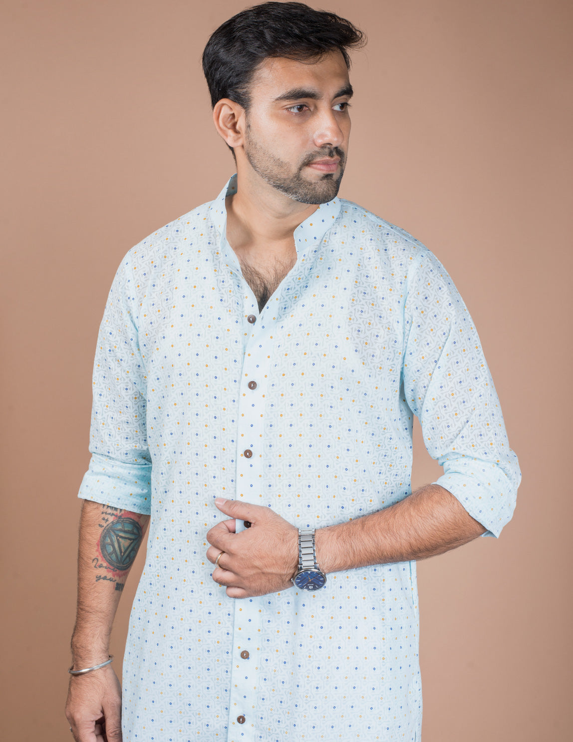 Sky Blue Cotton Self Work Long Kurta