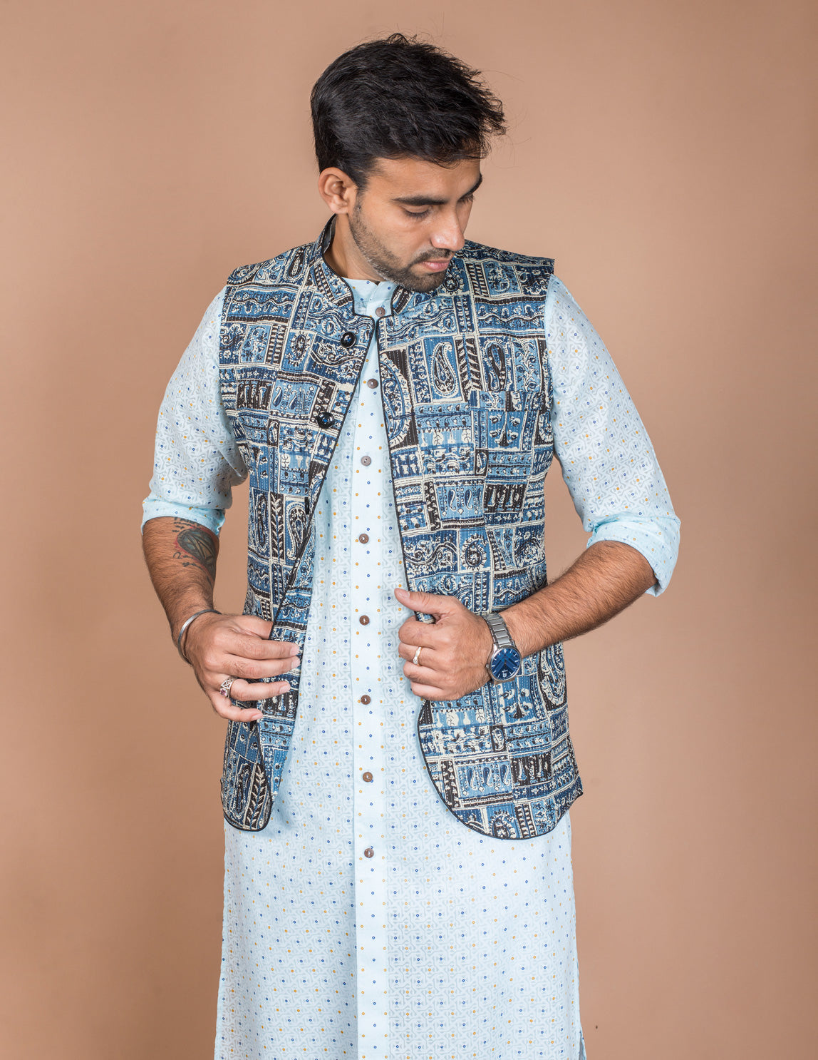 Blue Kantha Patch Nehru Jacket