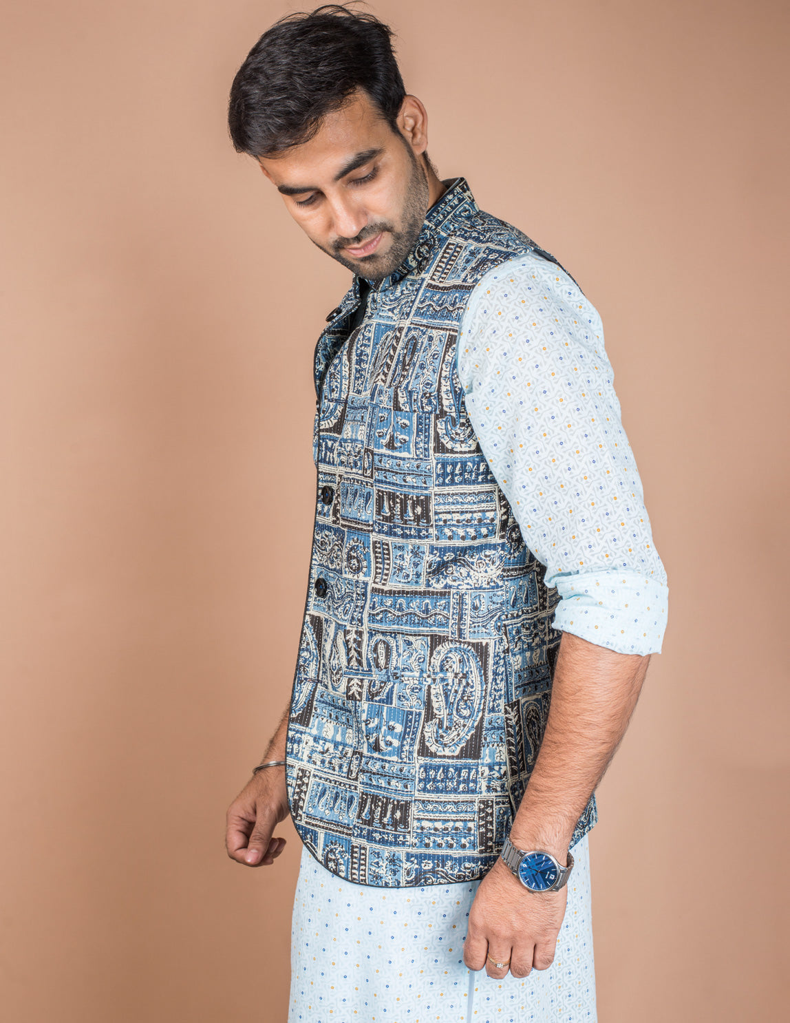 Blue Kantha Patch Nehru Jacket