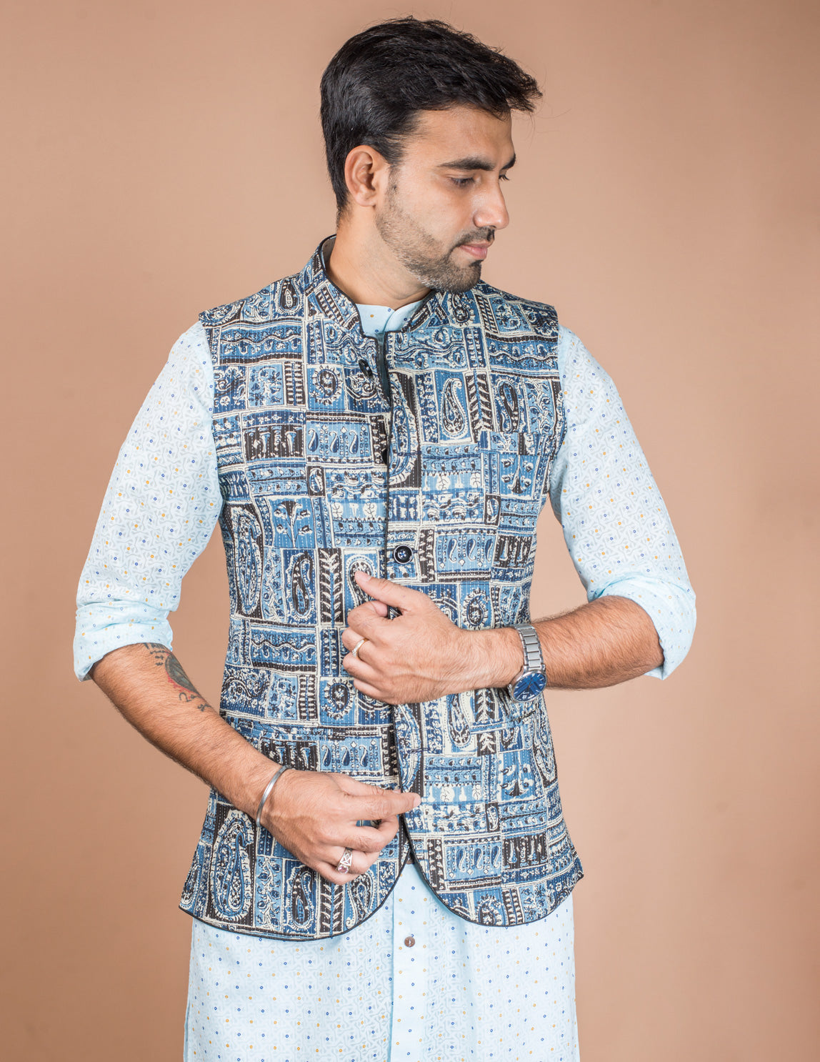 Blue Kantha Patch Nehru Jacket