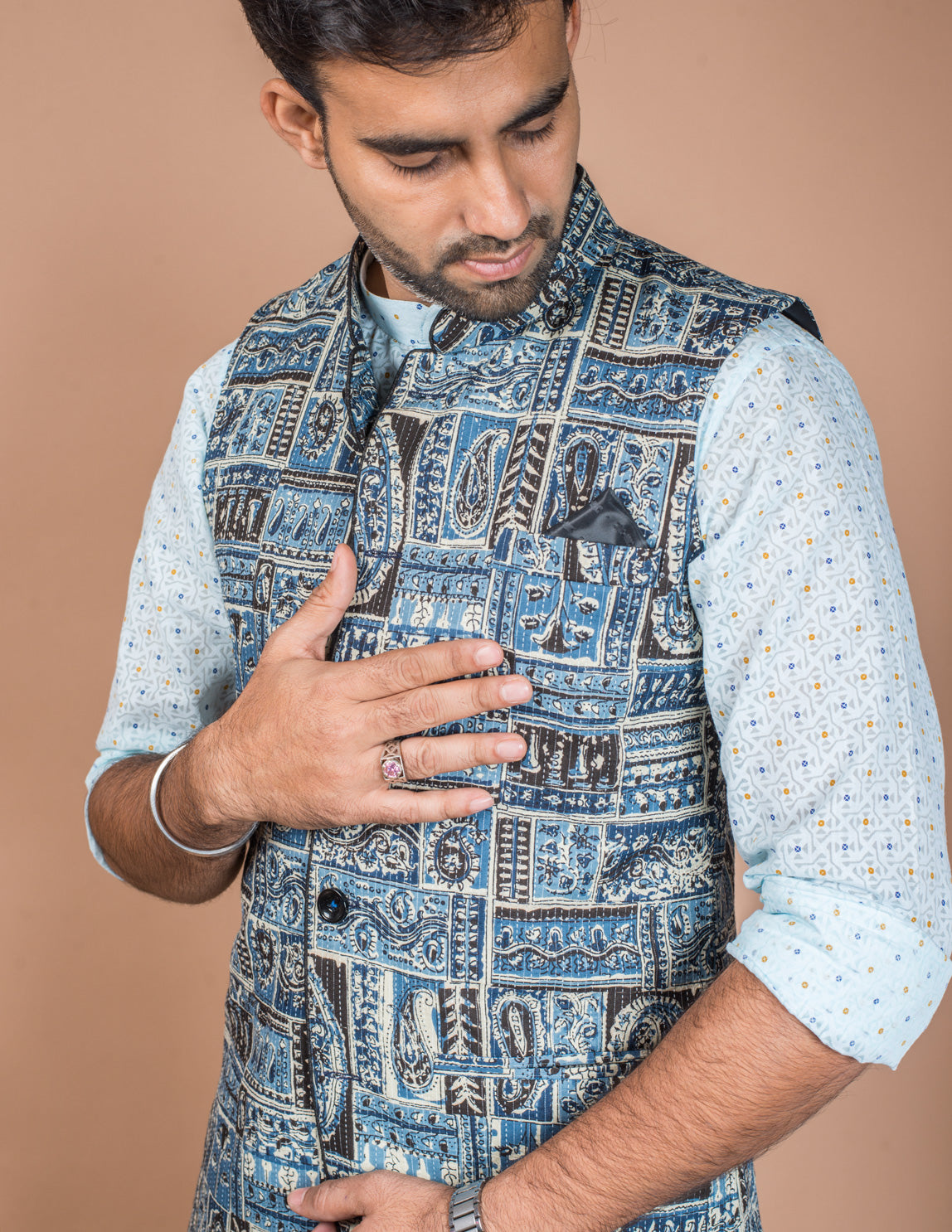 Blue Kantha Patch Nehru Jacket