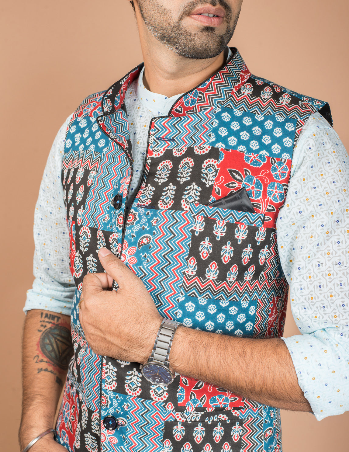 Multicolour Patch Cotton Nehru Jacket