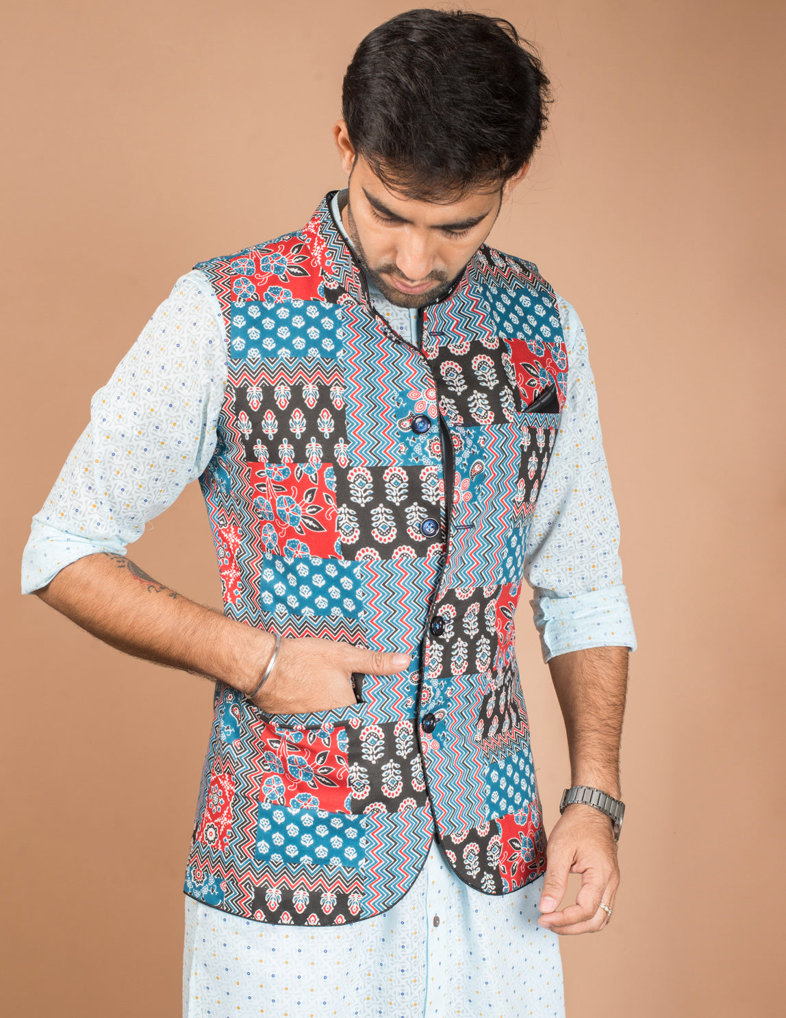 Multicolour Patch Cotton Nehru Jacket