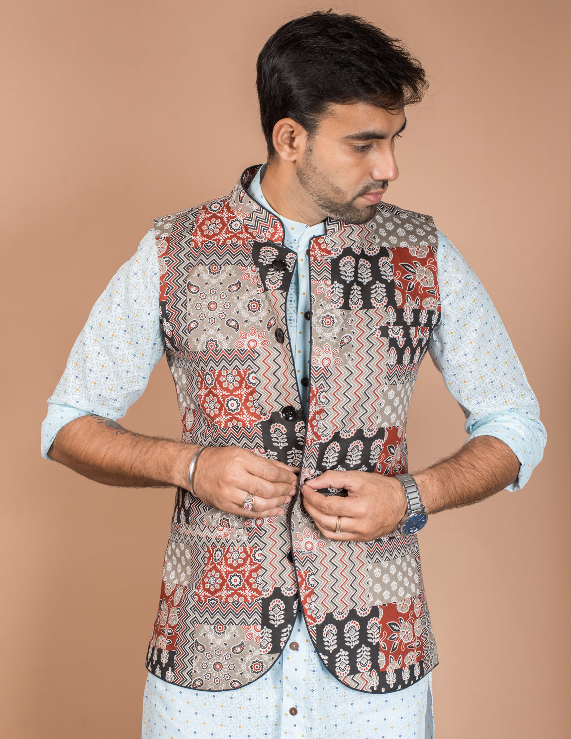 Multicolour Patch Cotton Nehru Jacket
