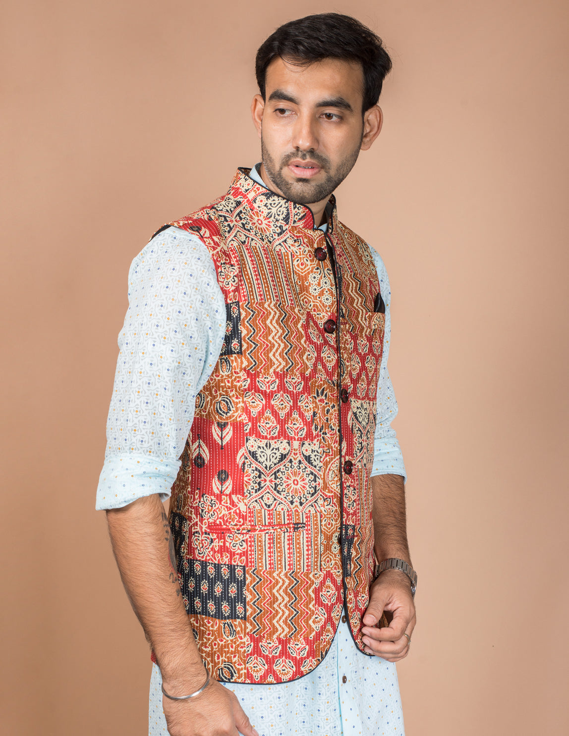 Red Kantha Patch Nehru Jacket