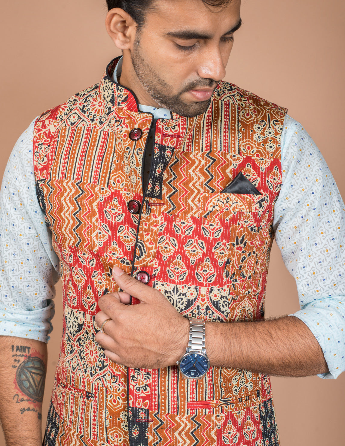 Red Kantha Patch Nehru Jacket