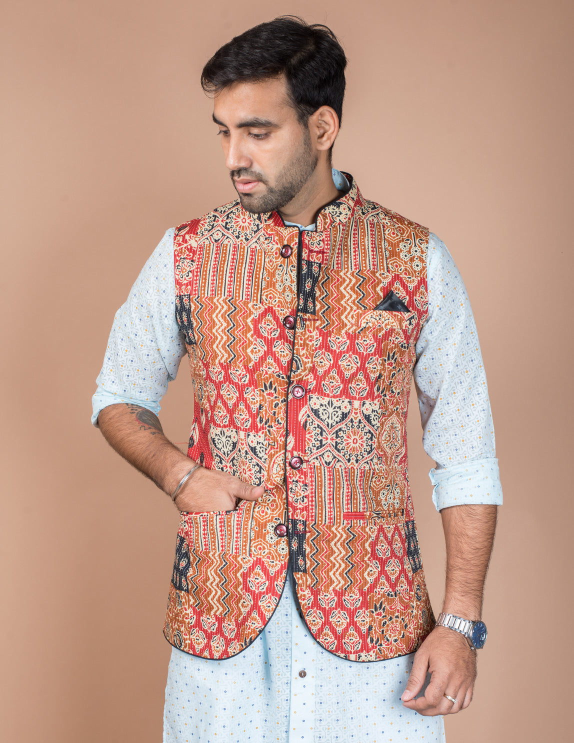 Red Kantha Patch Nehru Jacket