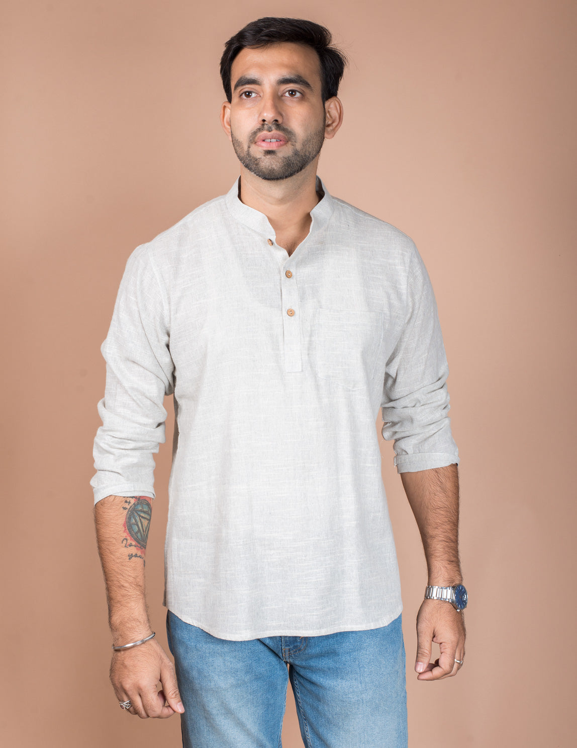 Light Grey Natural Cotton Short Kurta